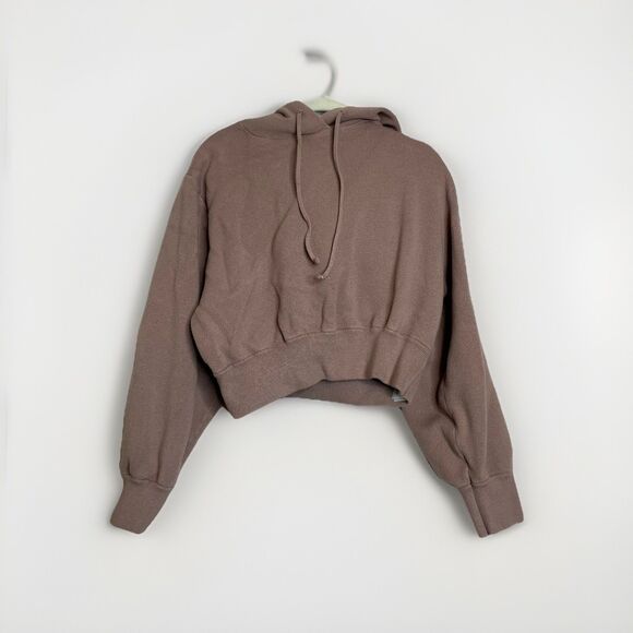 ZARA WOMEN'S LIGHT BROWN LONG SLEEVE DRAWSTRING CROPPED HOODIE SWEATSHIRT SIZE M - Picture 1 of 3